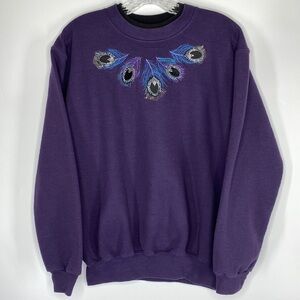 Morning Sun Top Stitch Embroidered Peacock Feathers Purple Crewneck Sweatshirt L